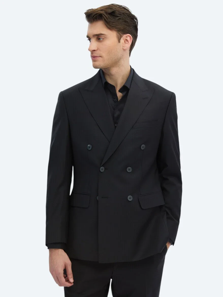 Black Plain Modern Fit Wool Blended Suit - 1
