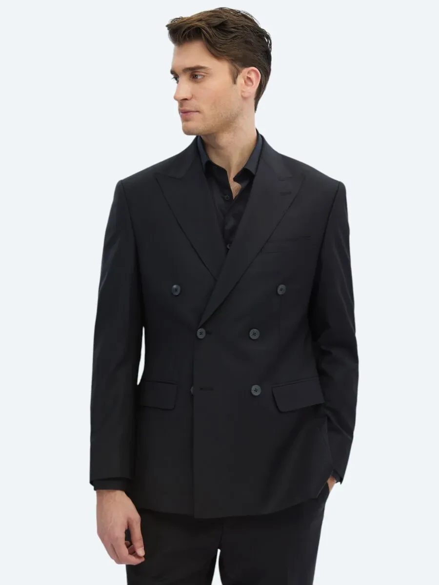 Black Plain Modern Fit Wool Blended Suit - 1