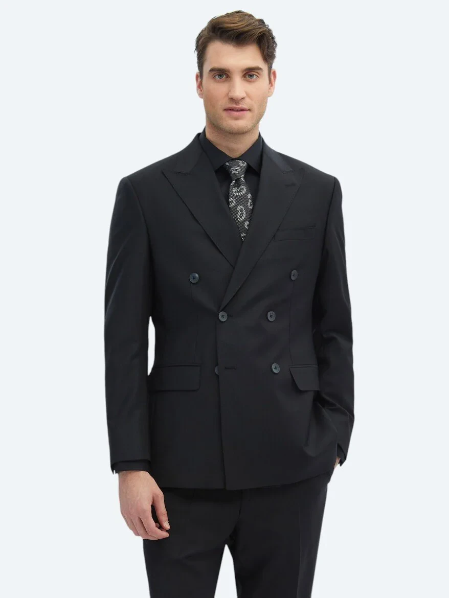 Black Plain Modern Fit Wool Blended Suit - 2