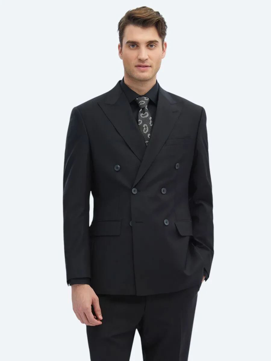 Black Plain Modern Fit Wool Blended Suit - 2