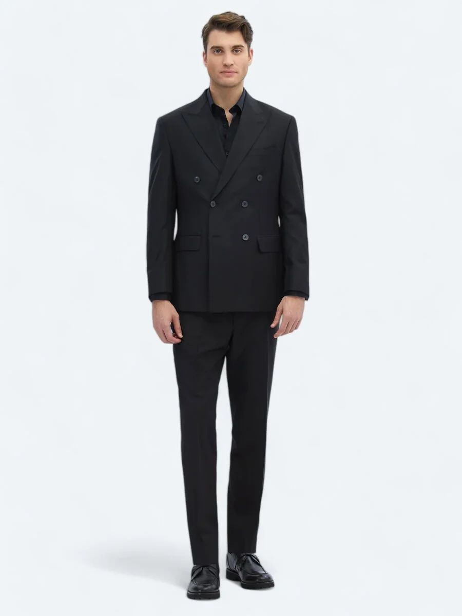 Black Plain Modern Fit Wool Blended Suit - 3