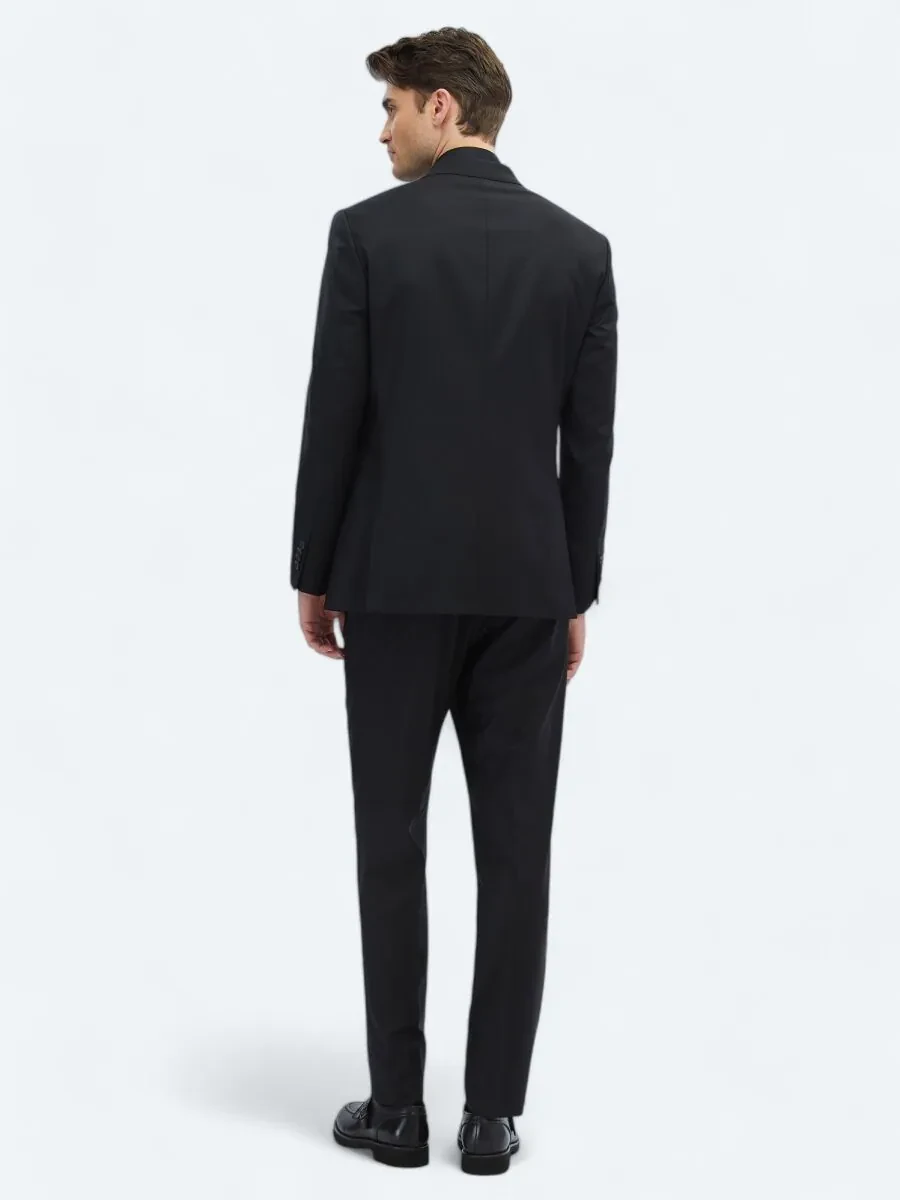 Black Plain Modern Fit Wool Blended Suit - 6