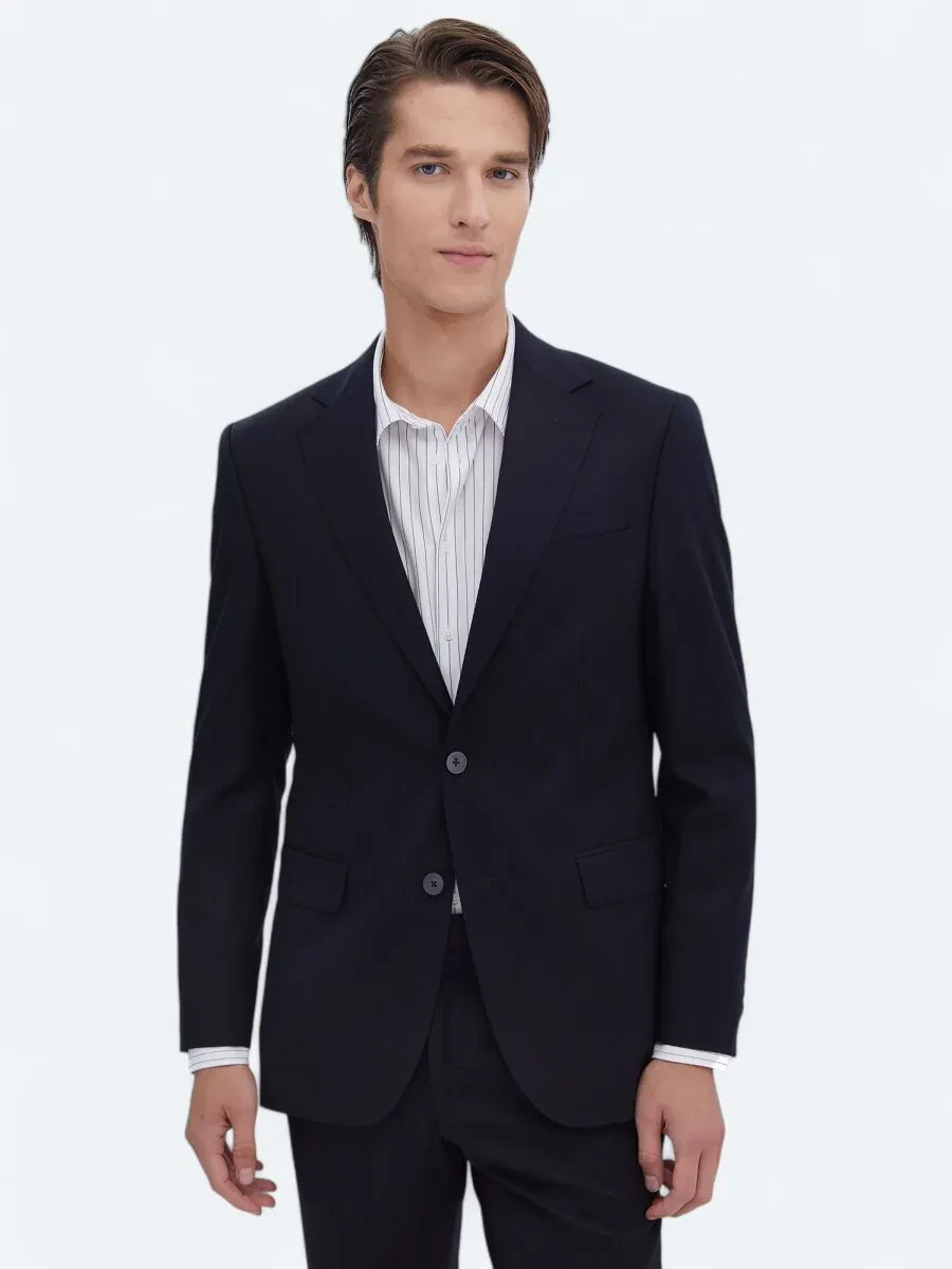 Black Plain Modern Fit Wool Blended Suit - 1