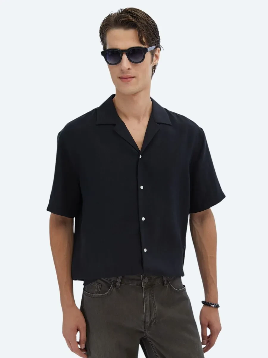 Black Plain Oversize Fit Weaving Casual Shirt - 1
