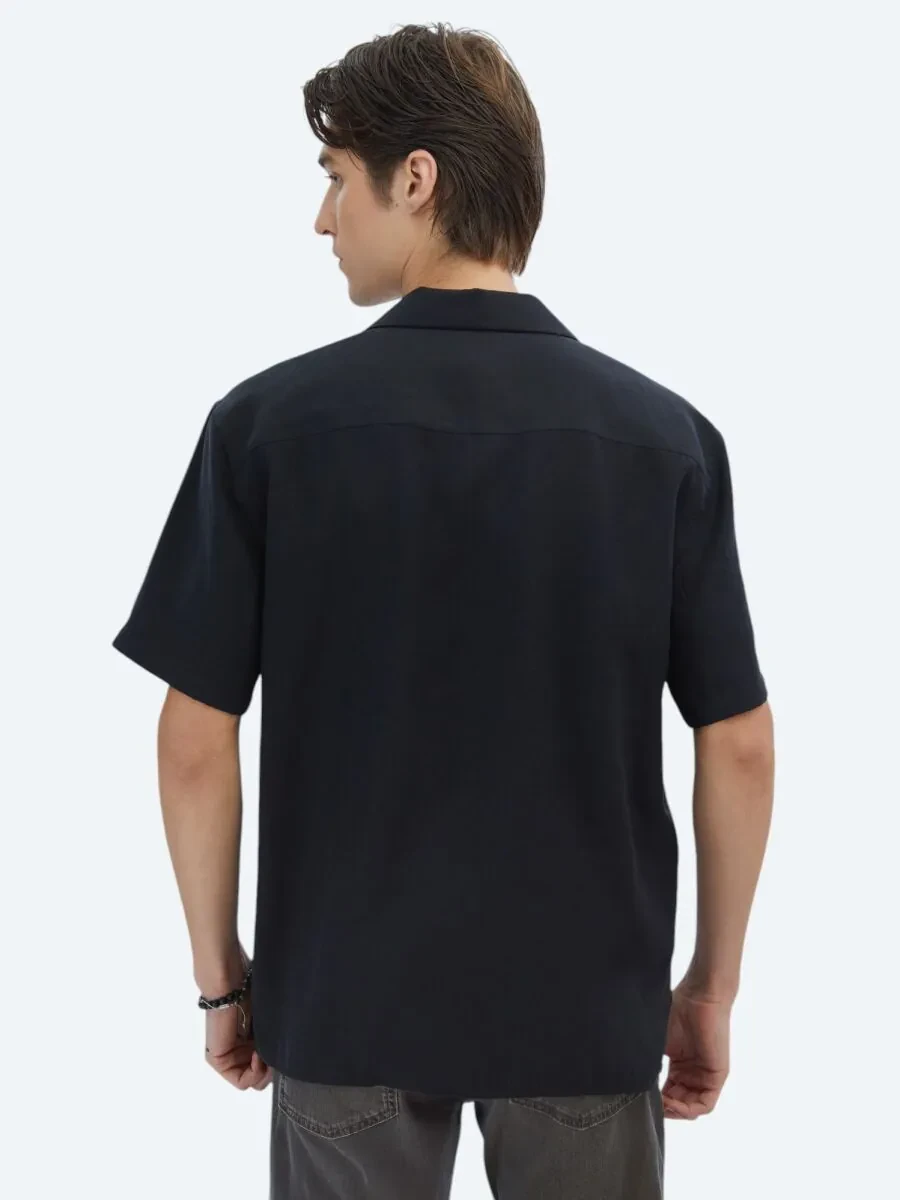 Black Plain Oversize Fit Weaving Casual Shirt - 5