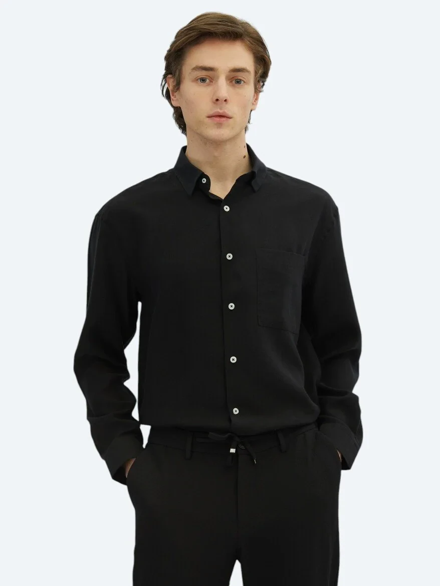 Black Plain Oversize Fit Weaving Casual Shirt - 1