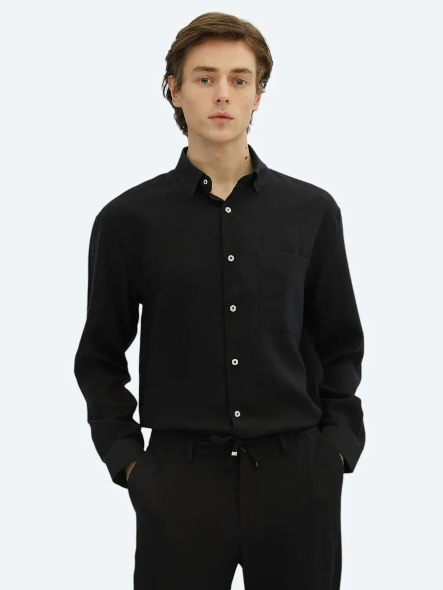 Black Plain Oversize Fit Weaving Casual Shirt - 1