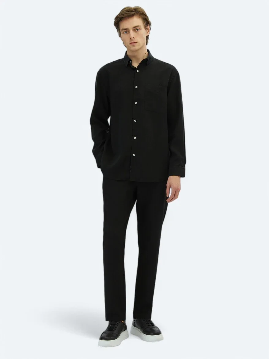 Black Plain Oversize Fit Weaving Casual Shirt - 2