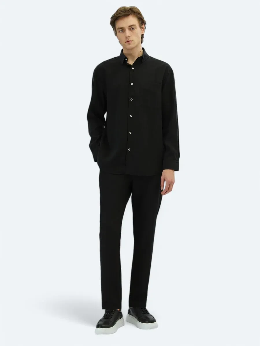 Black Plain Oversize Fit Weaving Casual Shirt - 2