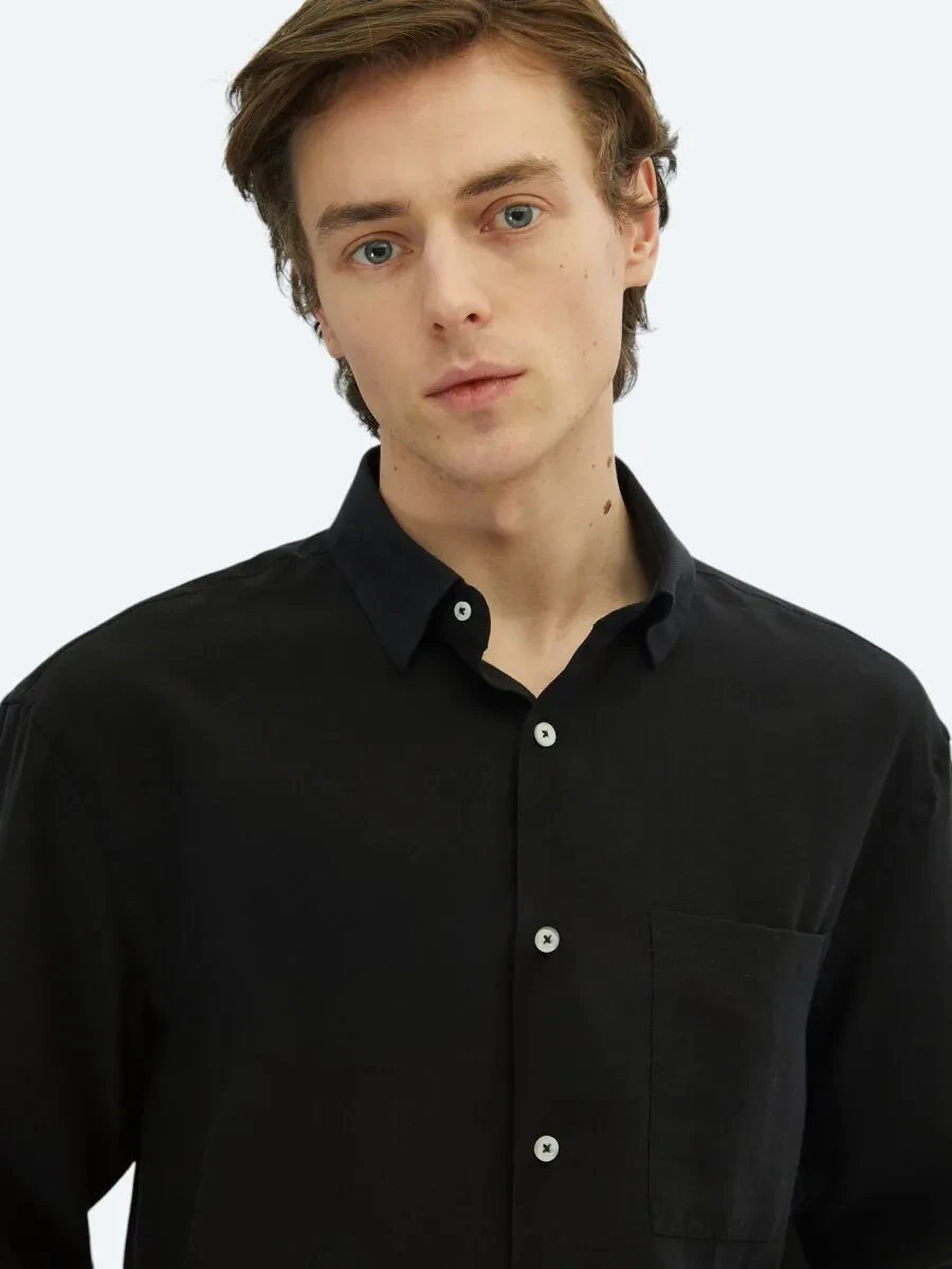 Black Plain Oversize Fit Weaving Casual Shirt - 3