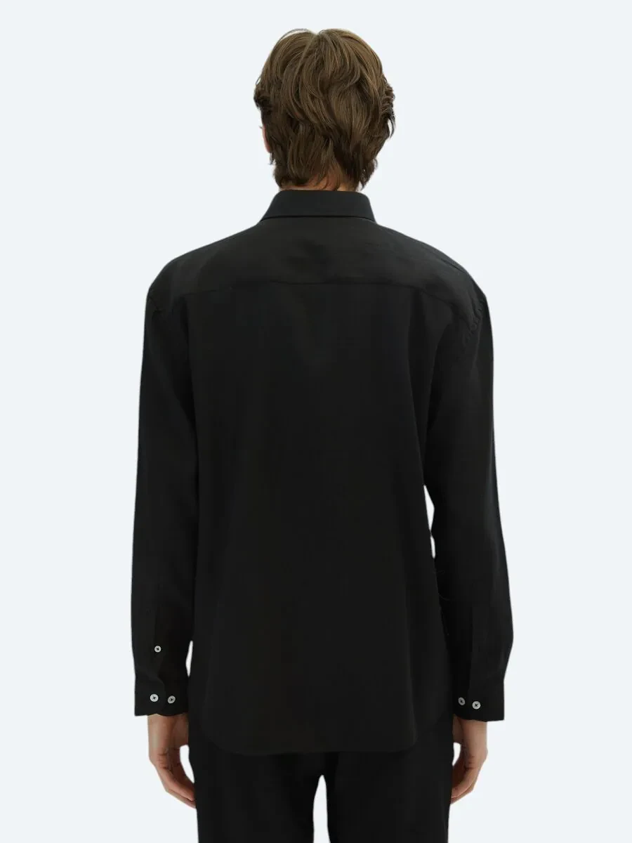 Black Plain Oversize Fit Weaving Casual Shirt - 4