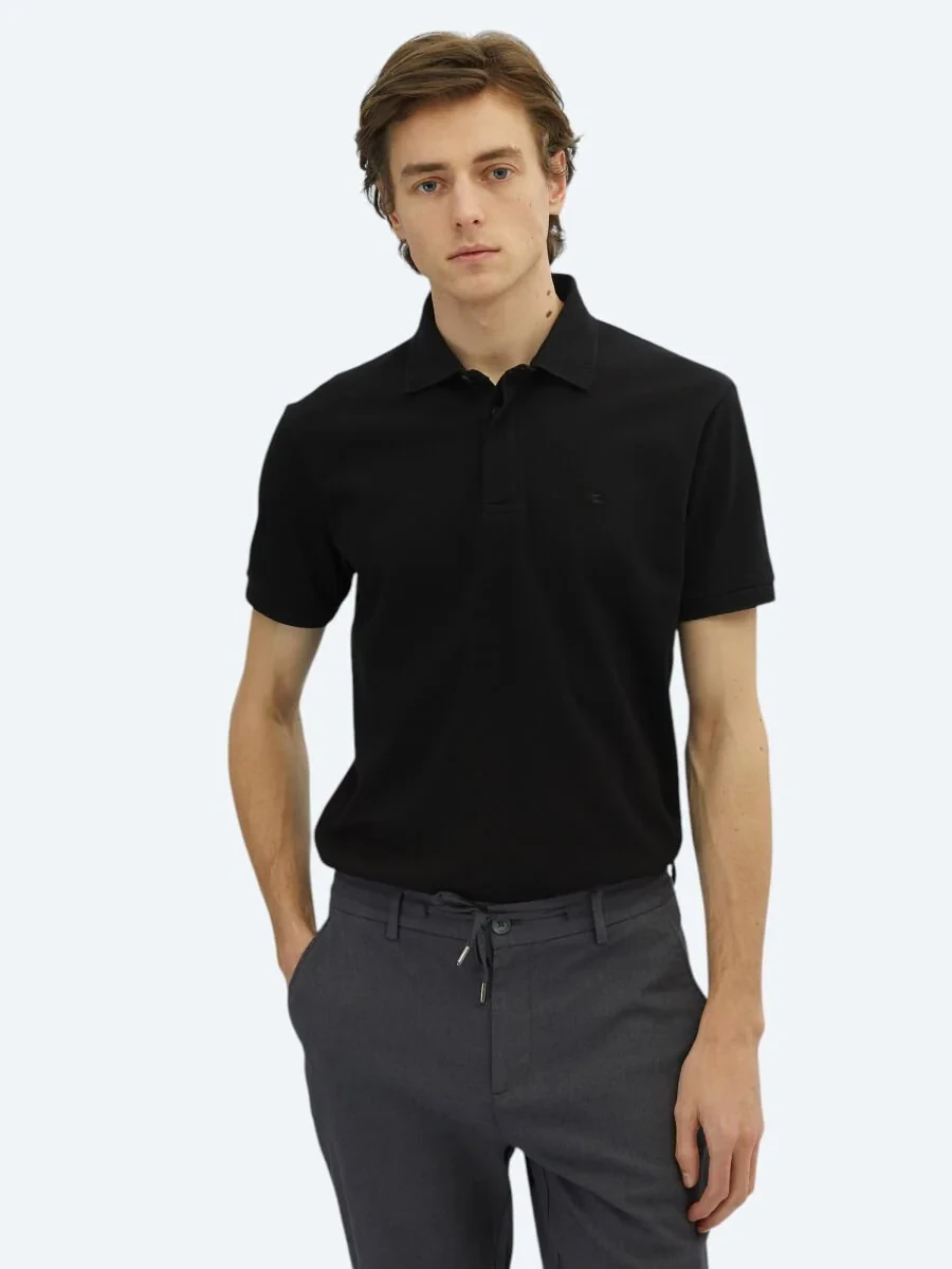 Black Plain Polo Neck 100% Cotton T-Shirt - 1