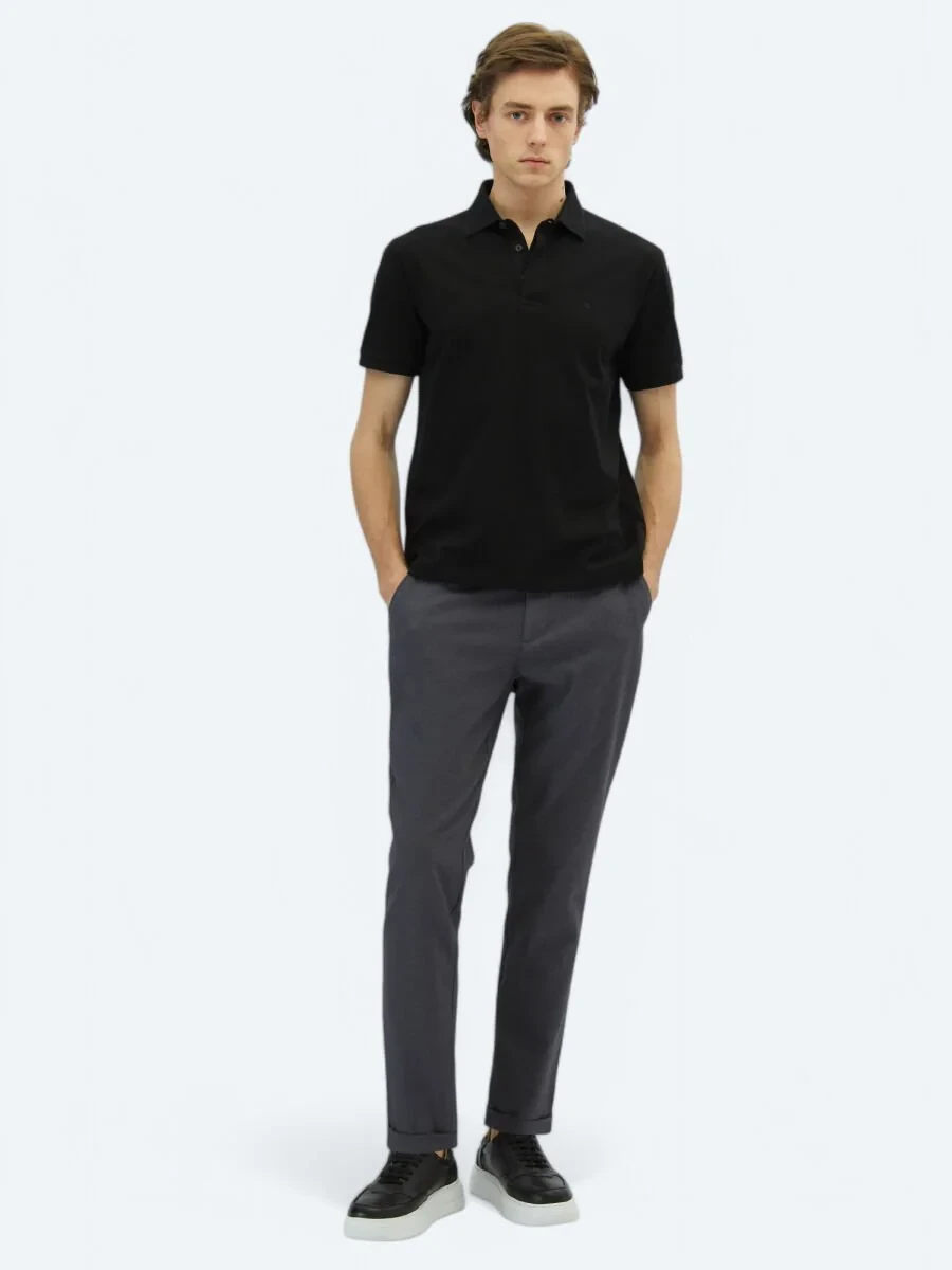 Black Plain Polo Neck 100% Cotton T-Shirt - 2
