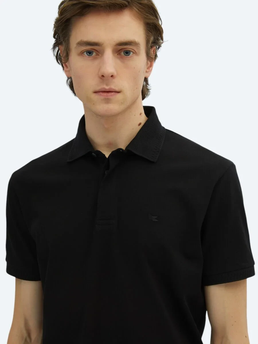 Black Plain Polo Neck 100% Cotton T-Shirt - 3