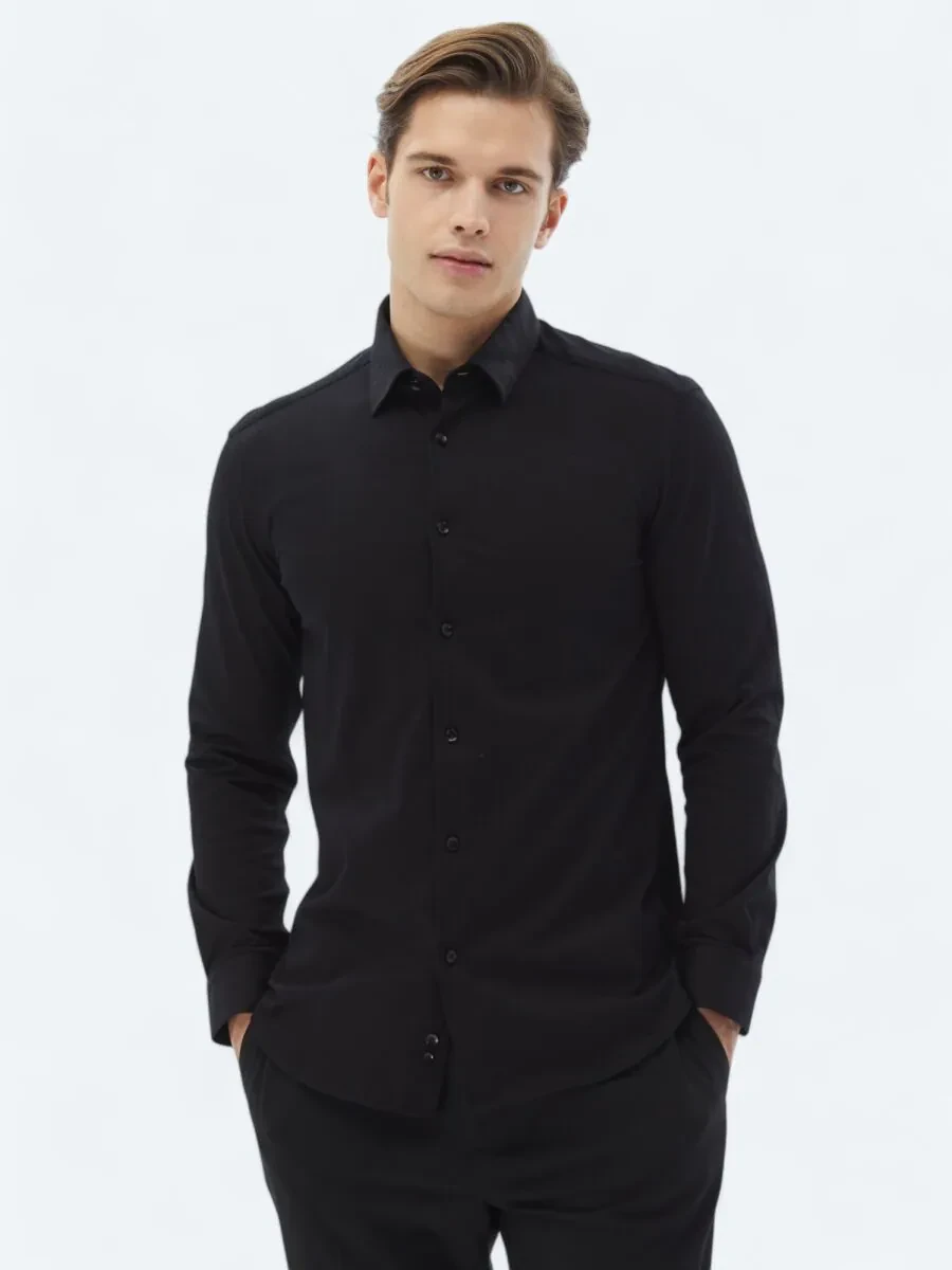 Black Plain Regular Fit Weaving Casual 100% Cotton Shirt - 1