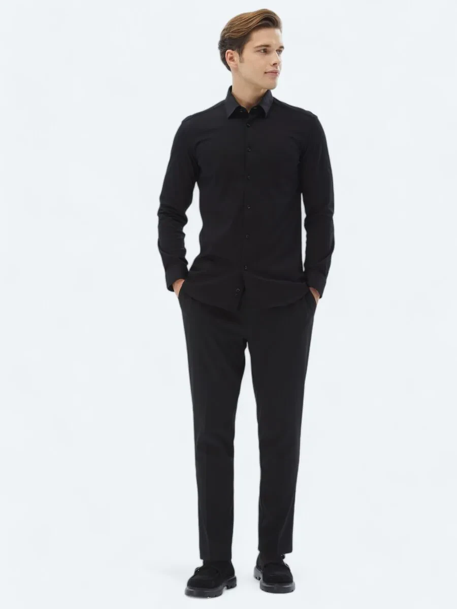 Black Plain Regular Fit Weaving Casual 100% Cotton Shirt - 2