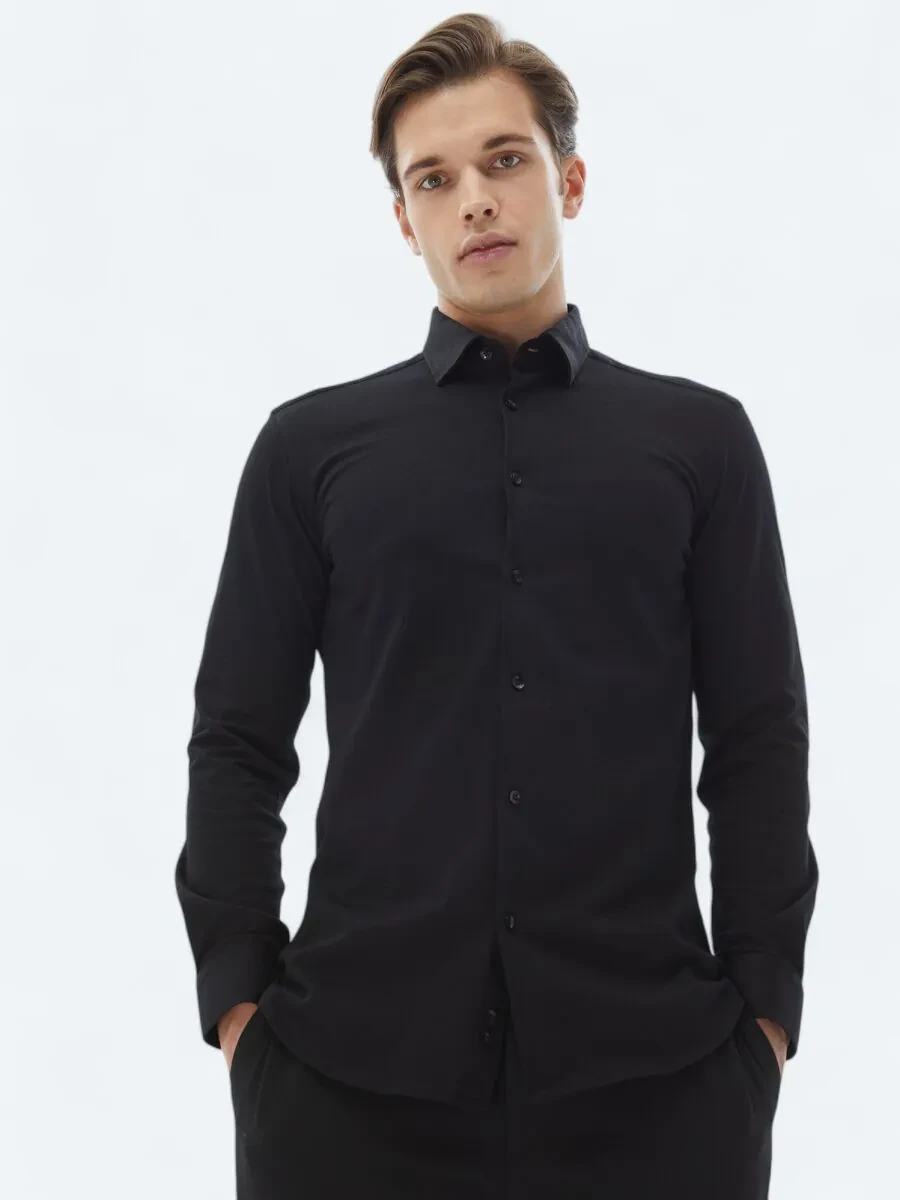 Black Plain Regular Fit Weaving Casual 100% Cotton Shirt - 3