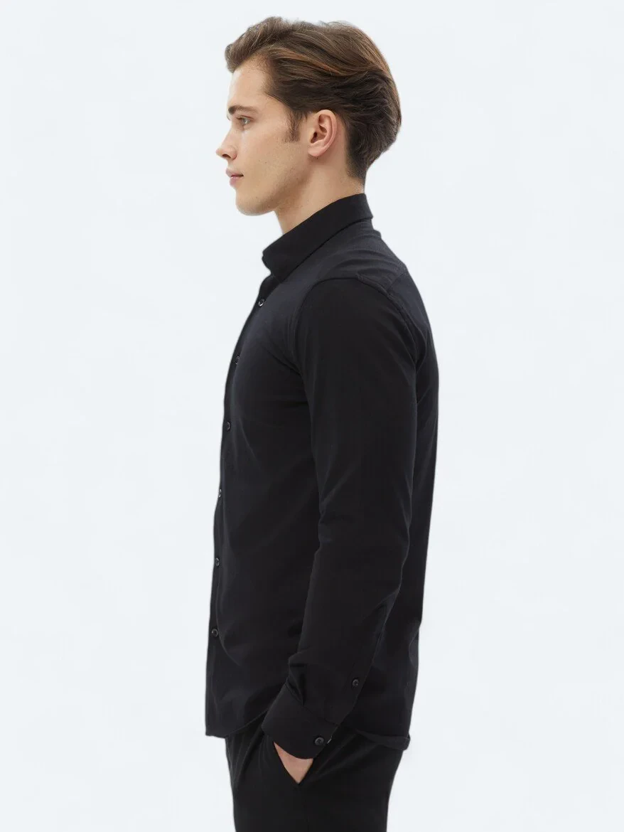 Black Plain Regular Fit Weaving Casual 100% Cotton Shirt 
