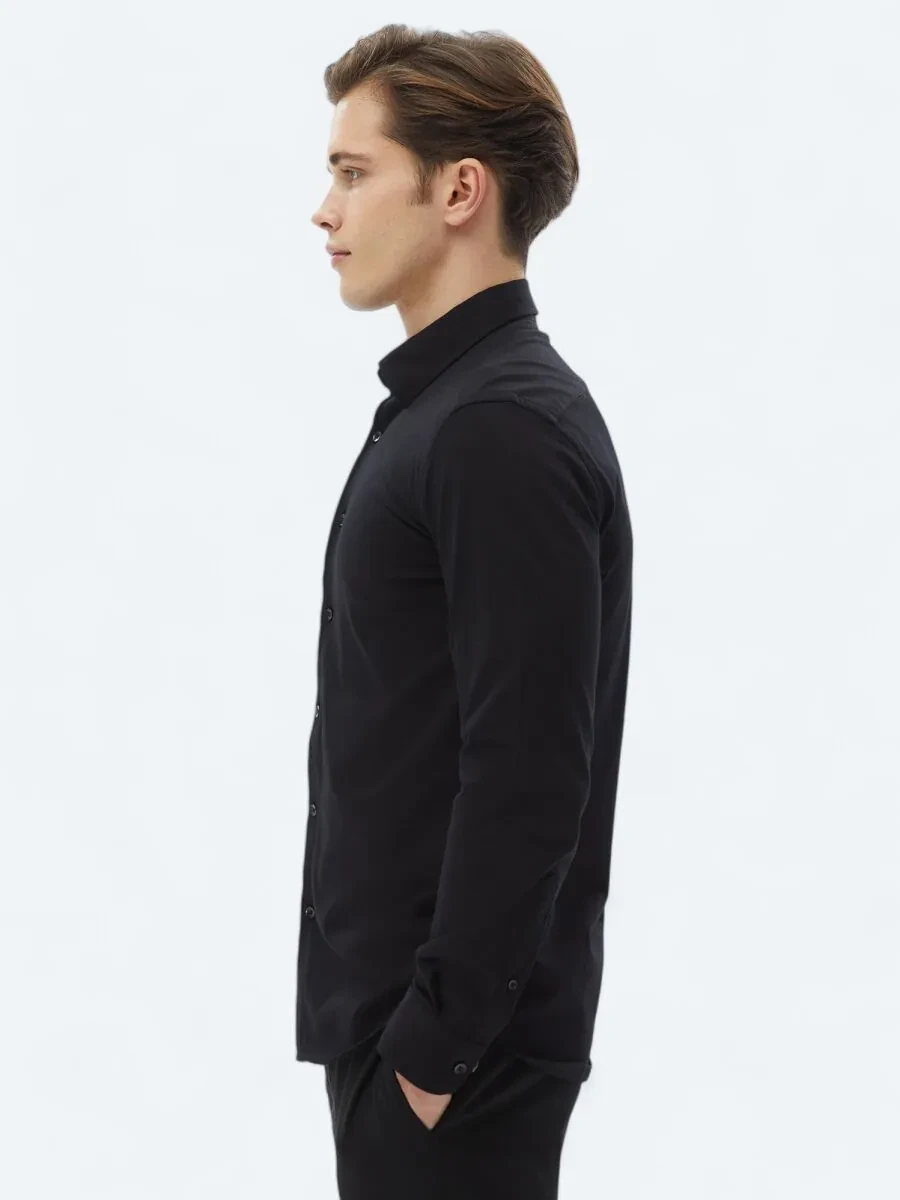 Black Plain Regular Fit Weaving Casual 100% Cotton Shirt - 4
