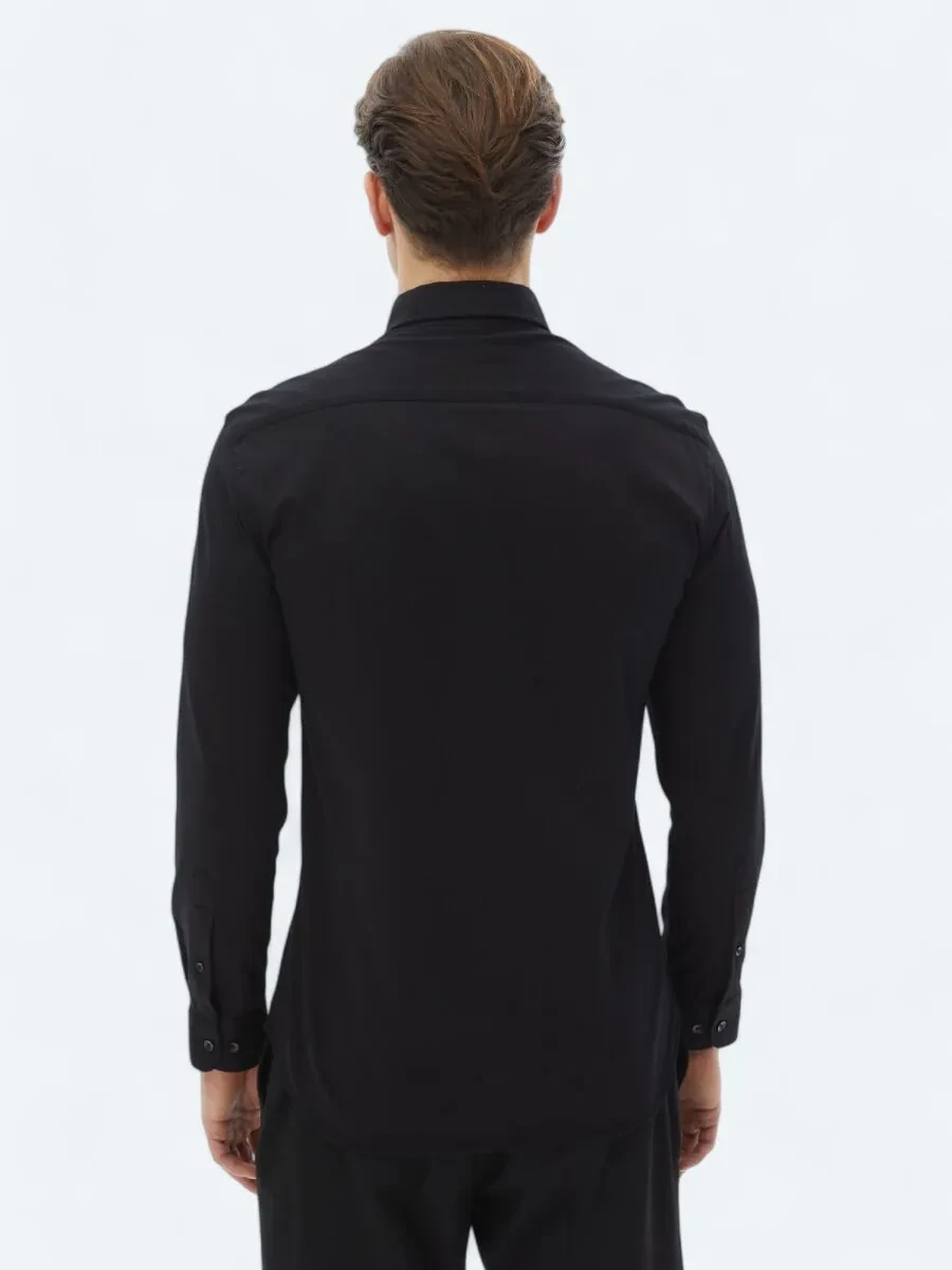 Black Plain Regular Fit Weaving Casual 100% Cotton Shirt - 6