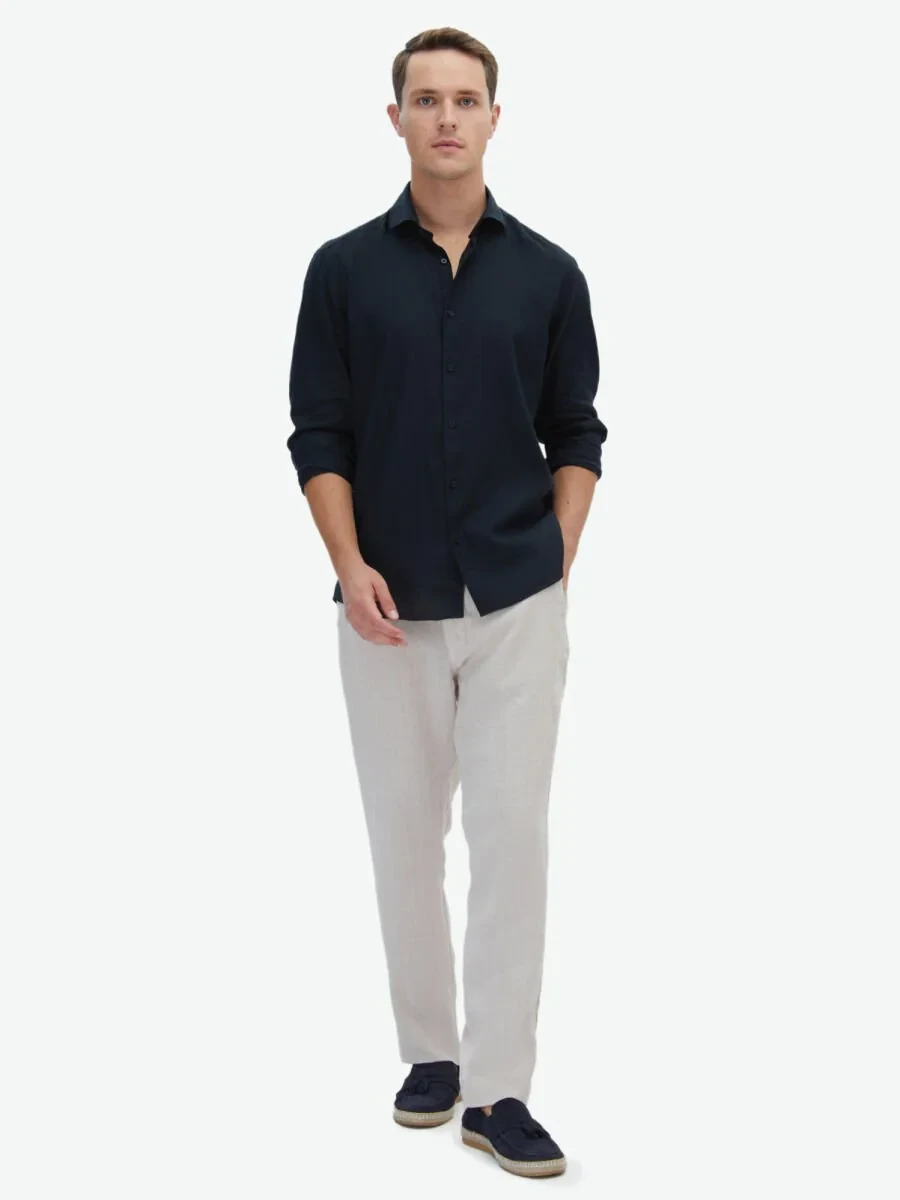 Black Plain Regular Fit Weaving Casual Cotton Blended Shirt - 1