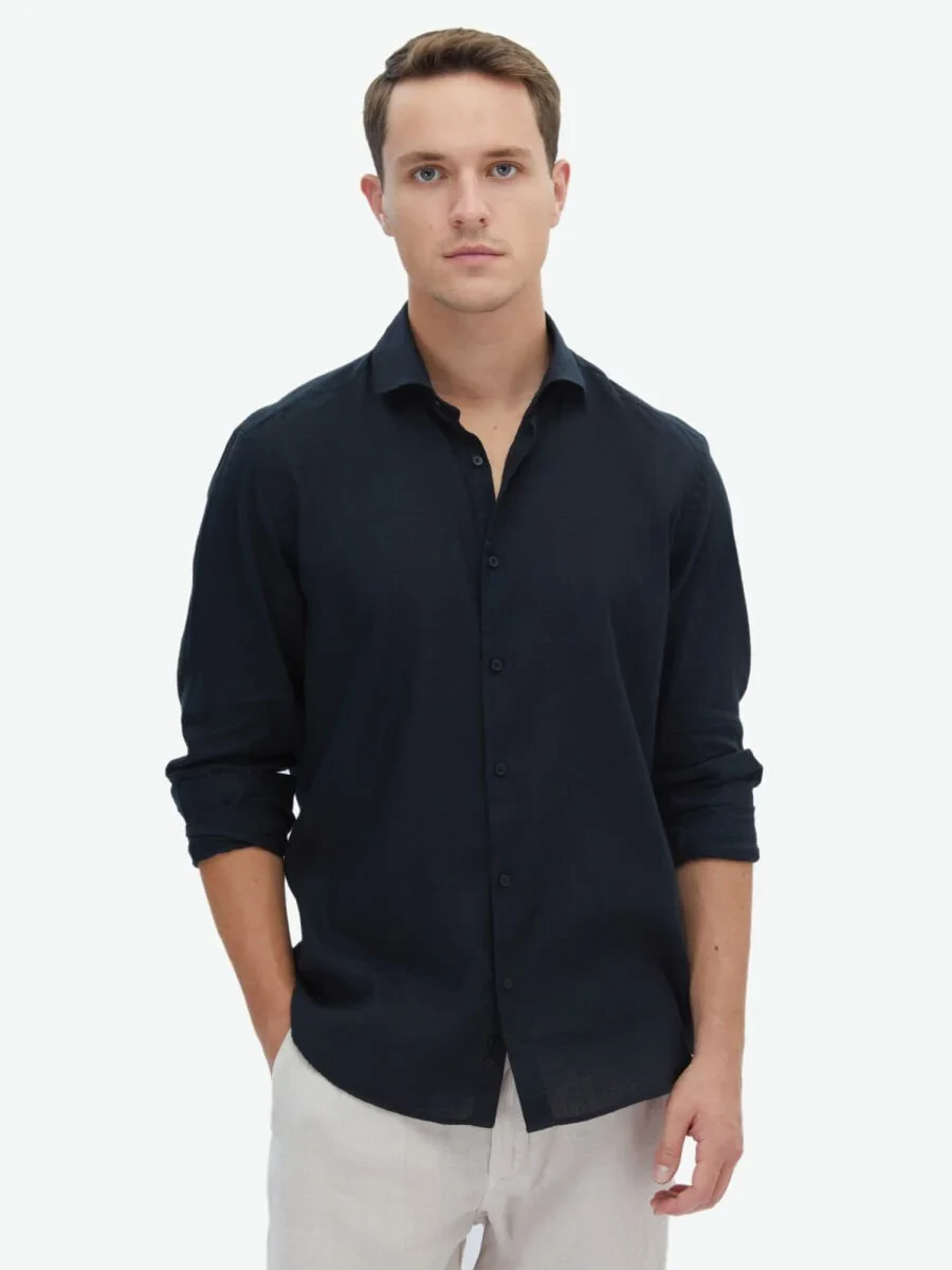 Black Plain Regular Fit Weaving Casual Cotton Blended Shirt - 2