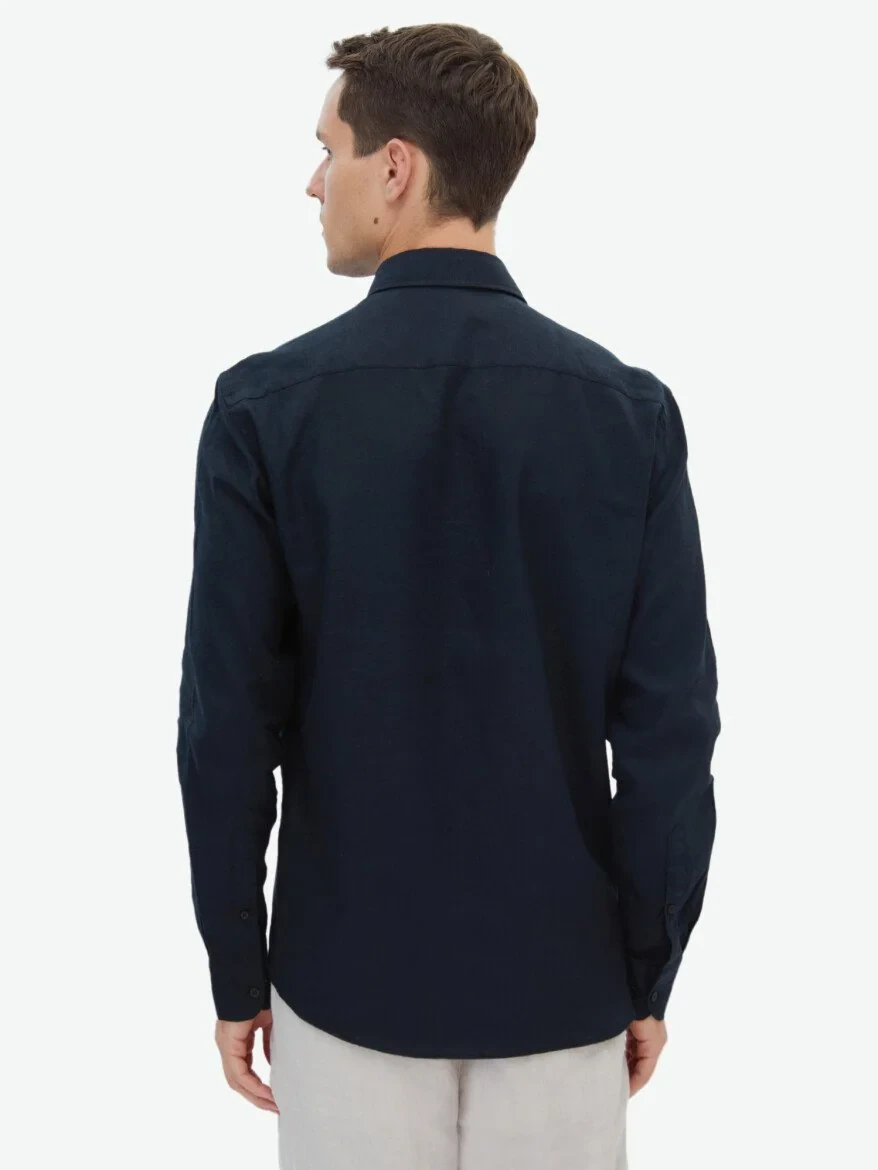 Black Plain Regular Fit Weaving Casual Cotton Blended Shirt - 5