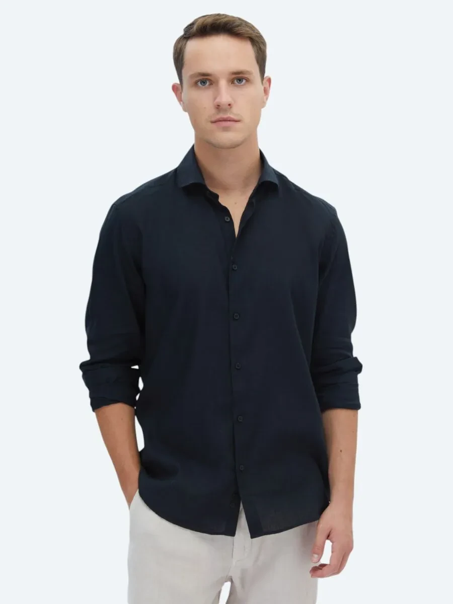 Black Plain Regular Fit Weaving Casual Cotton Blended Shirt - 1