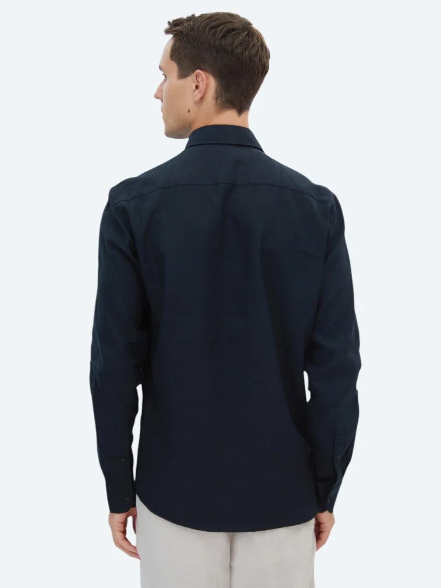 Black Plain Regular Fit Weaving Casual Cotton Blended Shirt - 5