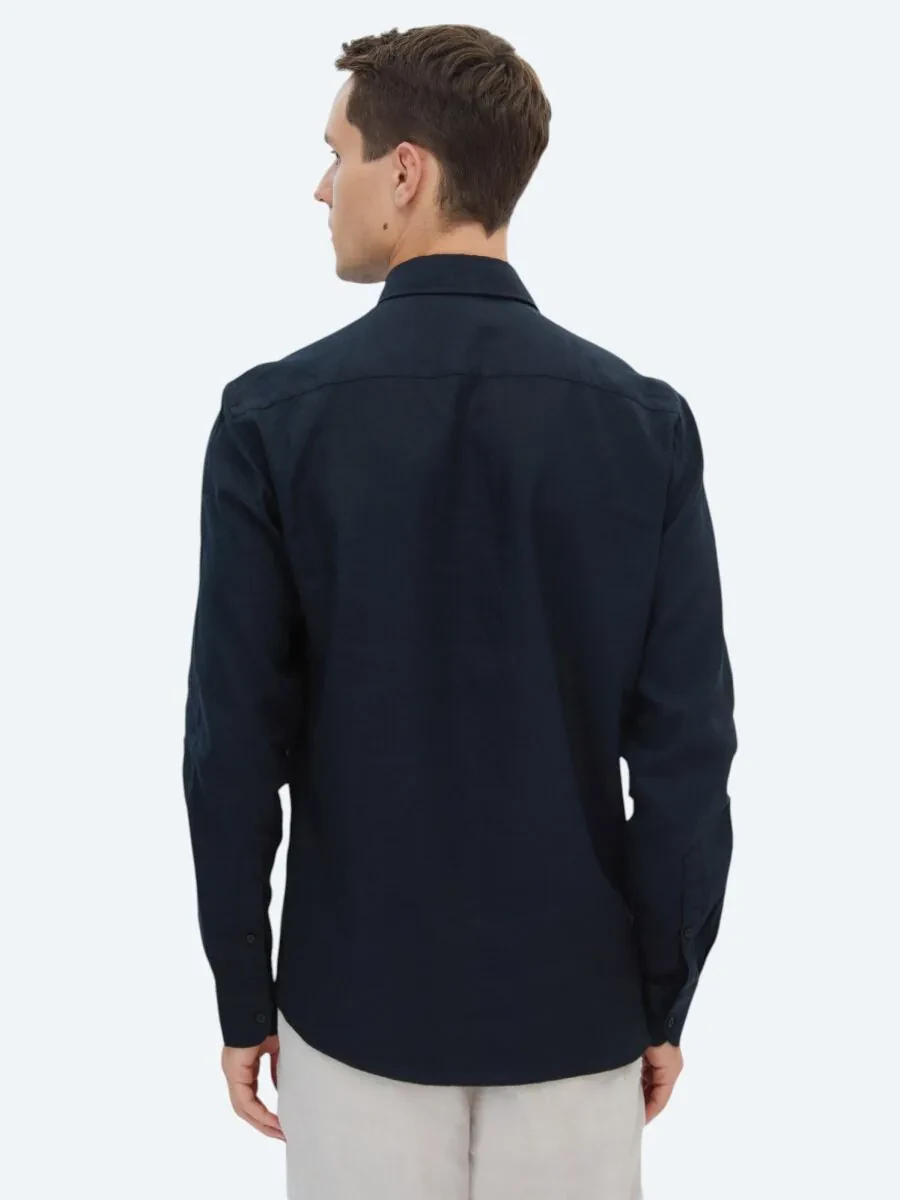 Black Plain Regular Fit Weaving Casual Cotton Blended Shirt - 5