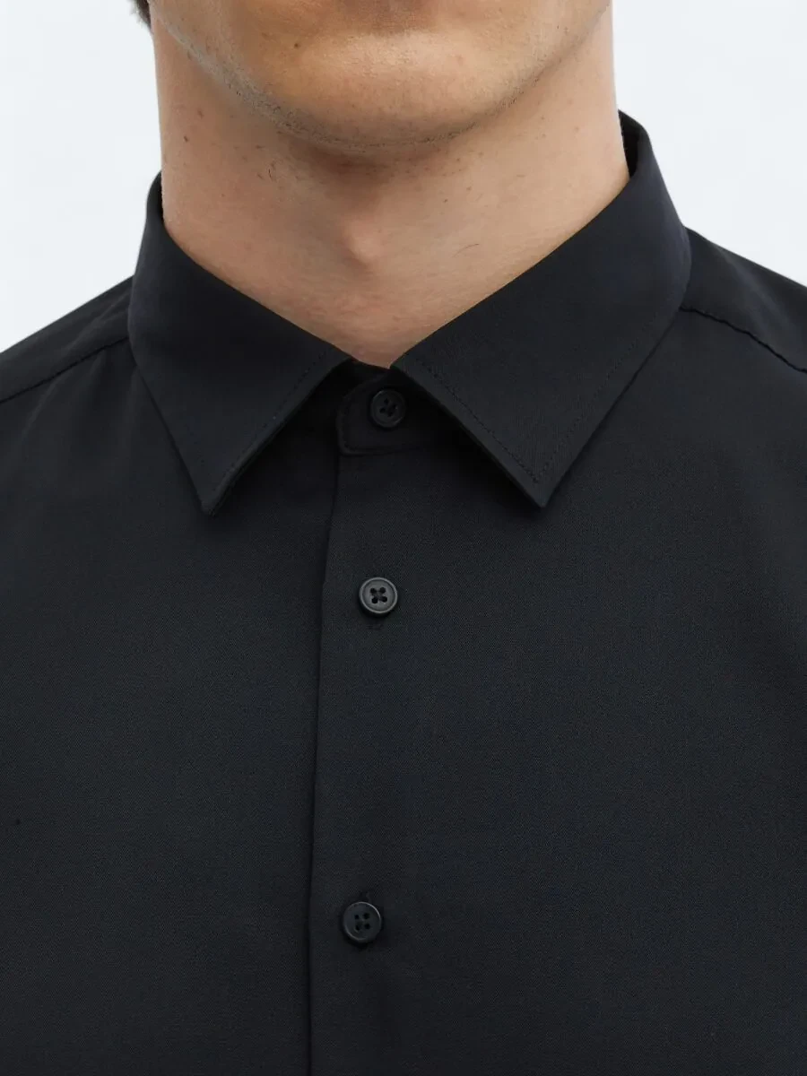 Black Plain Regular Fit Weaving Casual Shirt - 5