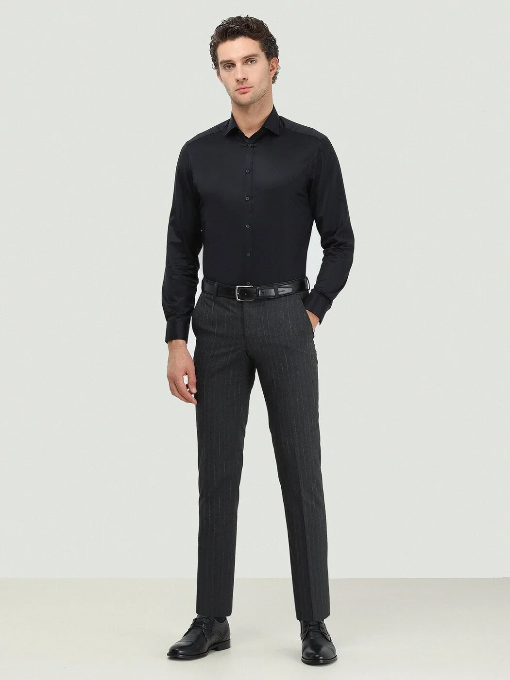 Black Plain Regular Fit Weaving Classical 100% Cotton Shirt - 1