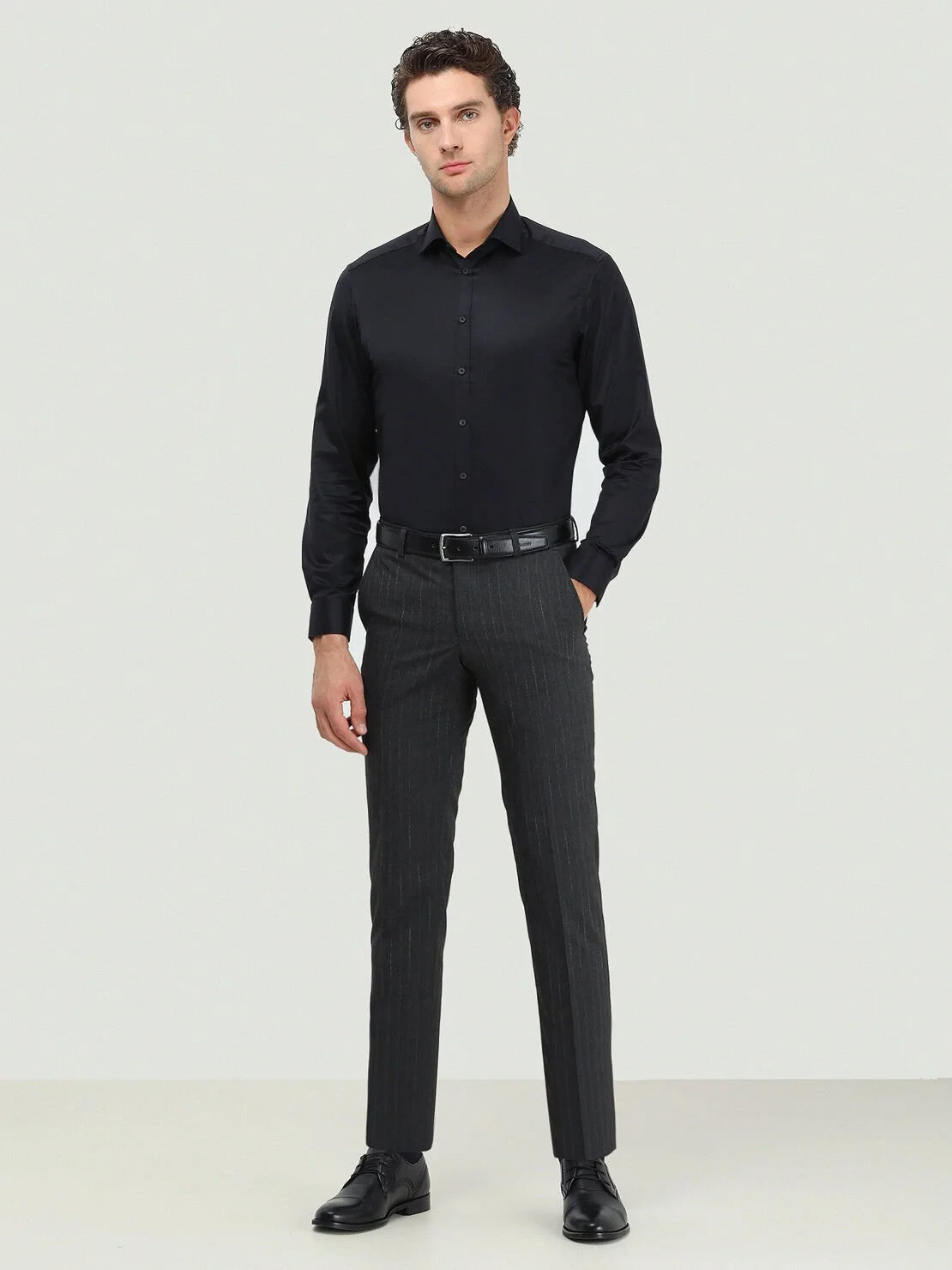 Black Plain Regular Fit Weaving Classical 100% Cotton Shirt - 1
