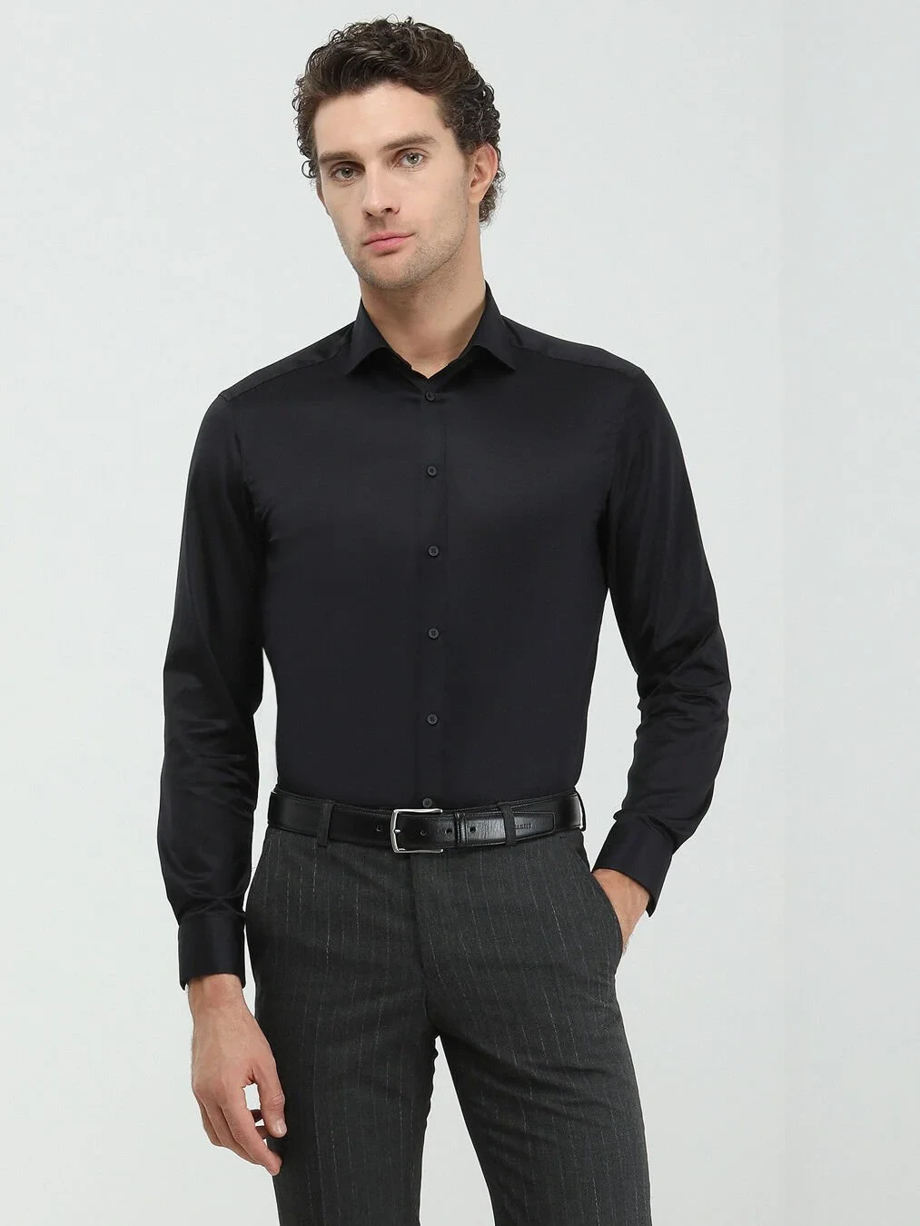 Black Plain Regular Fit Weaving Classical 100% Cotton Shirt - 2