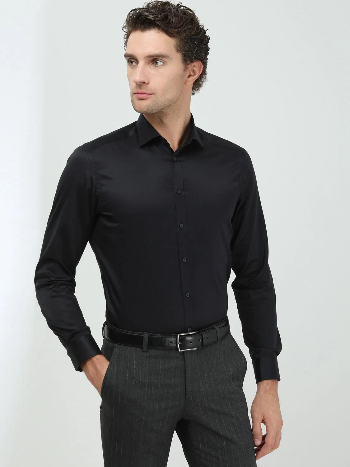 Black Plain Regular Fit Weaving Classical 100% Cotton Shirt - 3