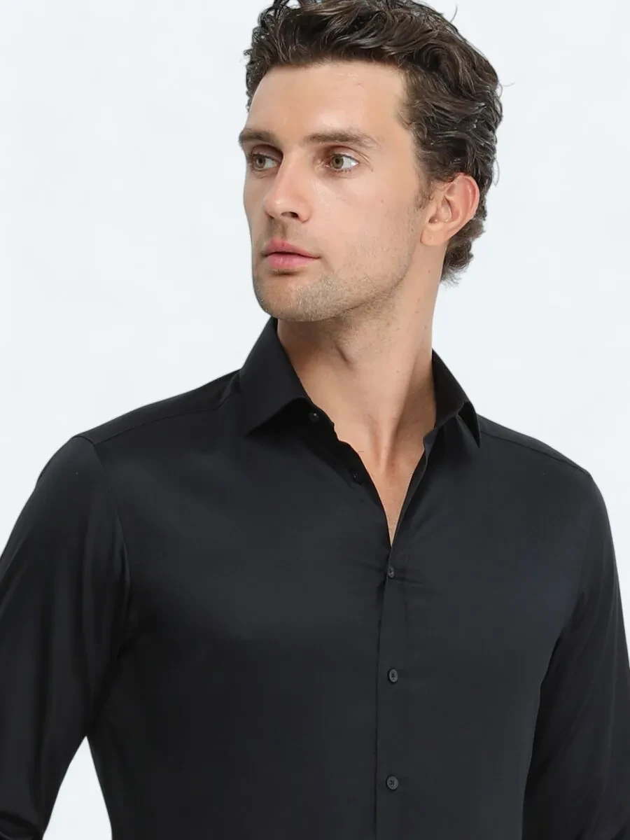 Black Plain Regular Fit Weaving Classical 100% Cotton Shirt - 2
