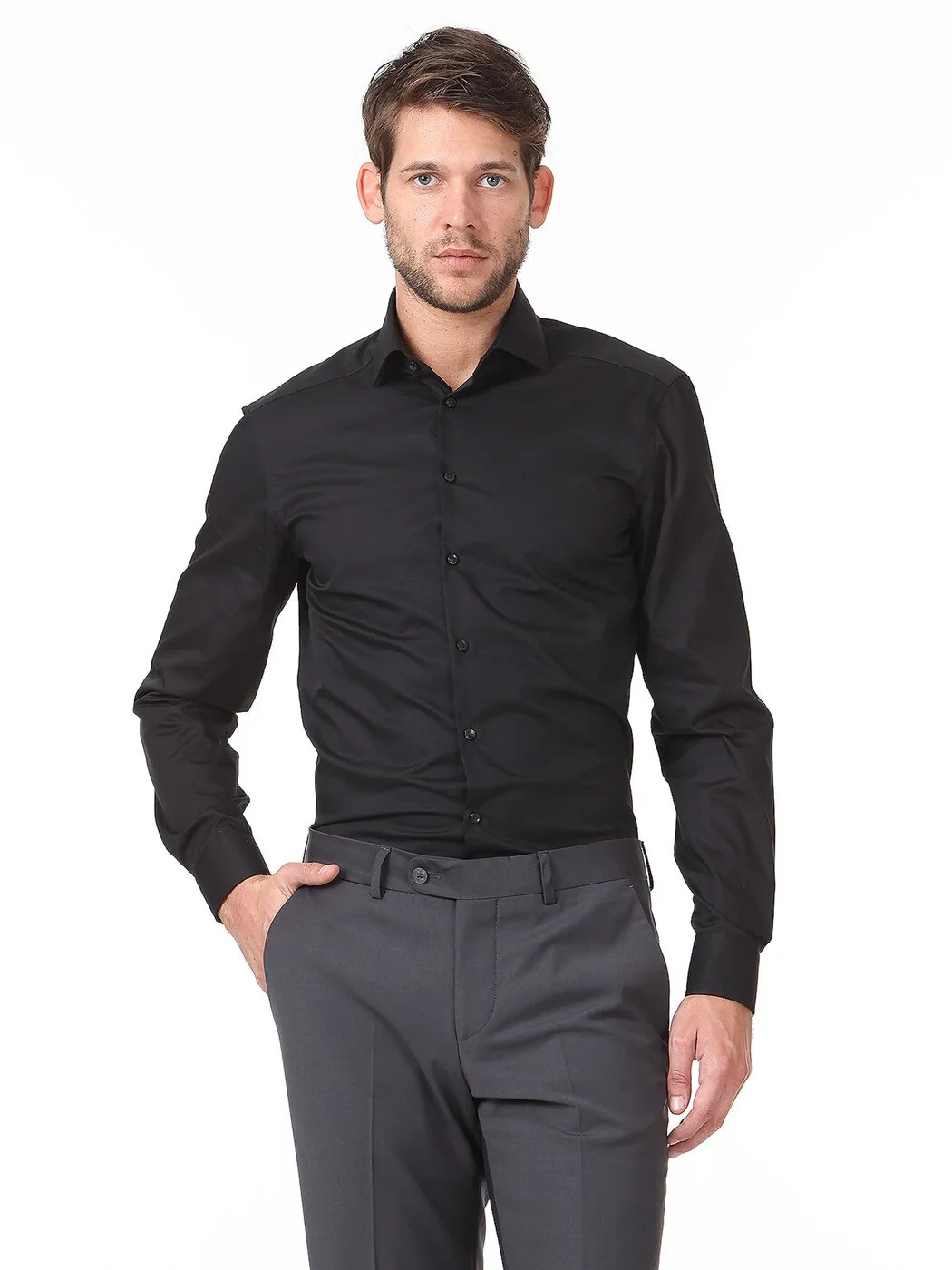 Black Plain Regular Fit Weaving Classical Cotton Blended Shirt - 1