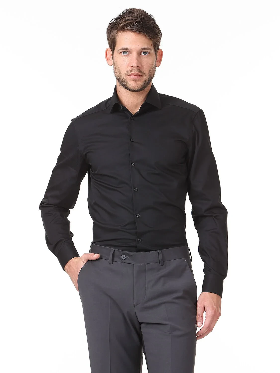 Black Plain Regular Fit Weaving Classical Cotton Blended Shirt - 1