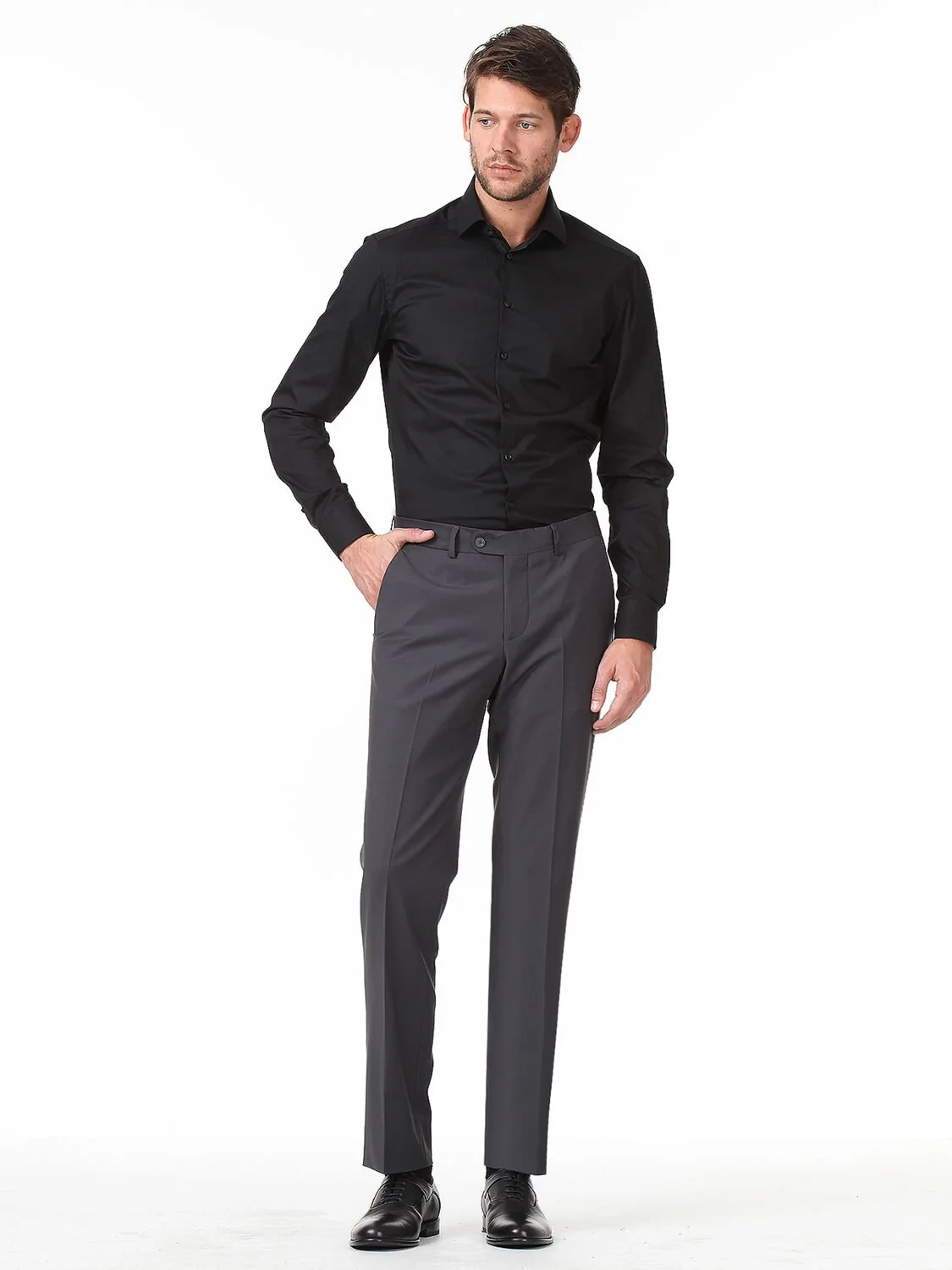 Black Plain Regular Fit Weaving Classical Cotton Blended Shirt - 3