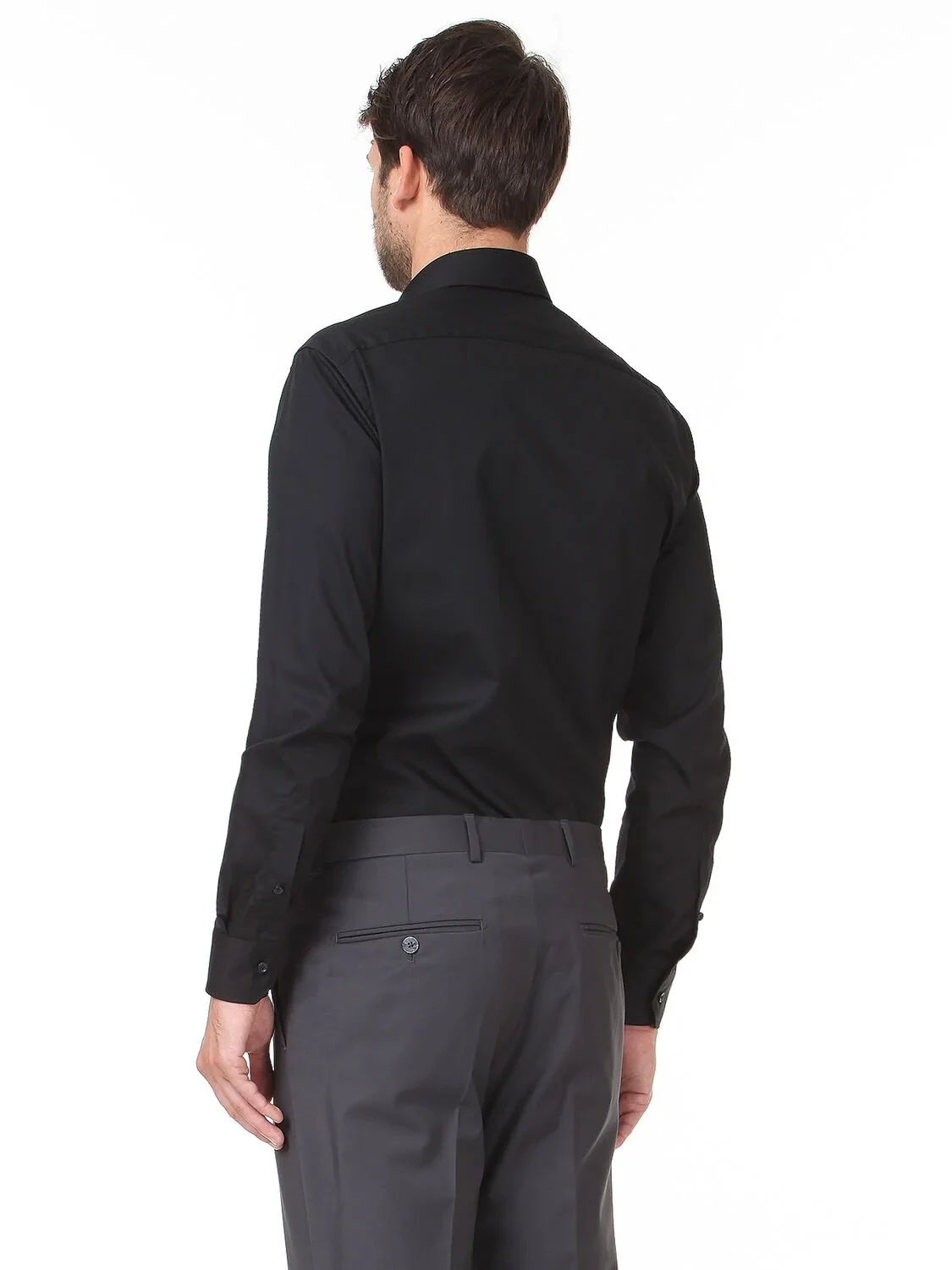 Black Plain Regular Fit Weaving Classical Cotton Blended Shirt - 4