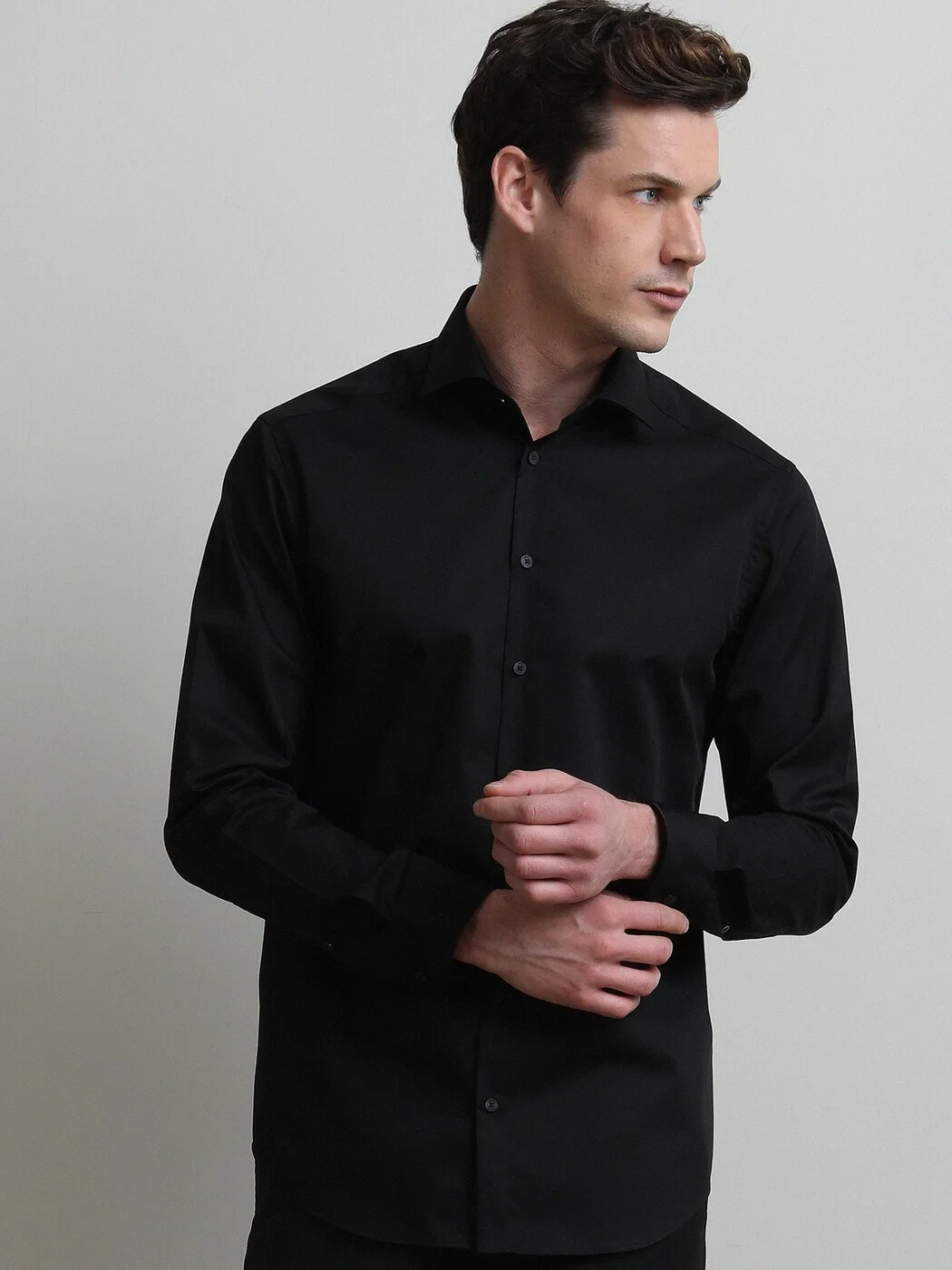 Black Plain Regular Fit Weaving Classical Cotton Blended Shirt - 1