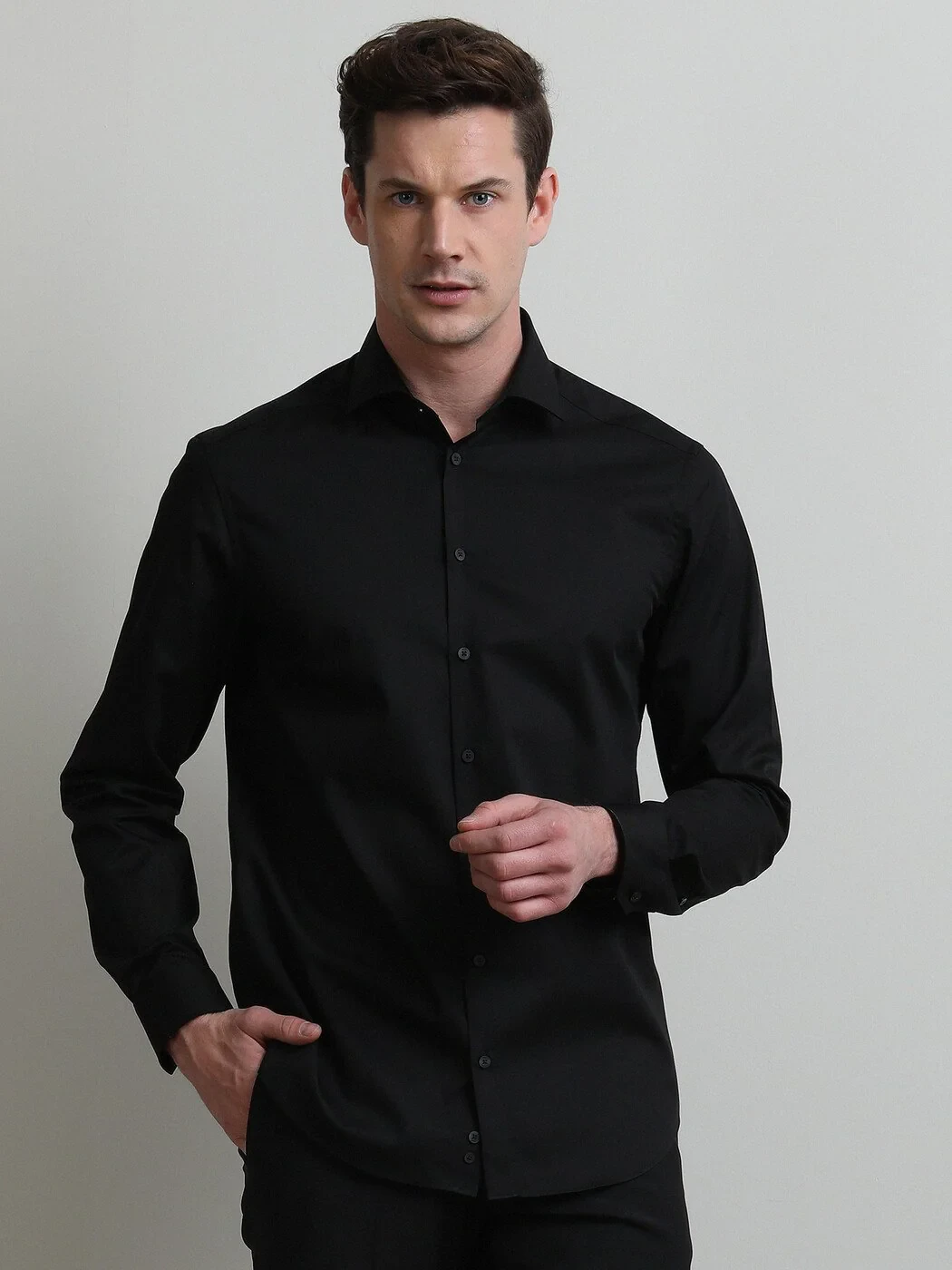 Black Plain Regular Fit Weaving Classical Cotton Blended Shirt - 4