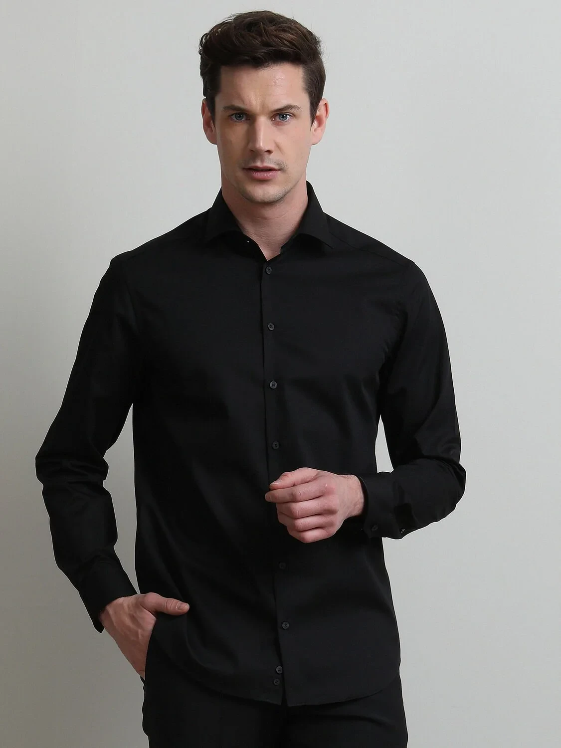 Black Plain Regular Fit Weaving Classical Cotton Blended Shirt - 4