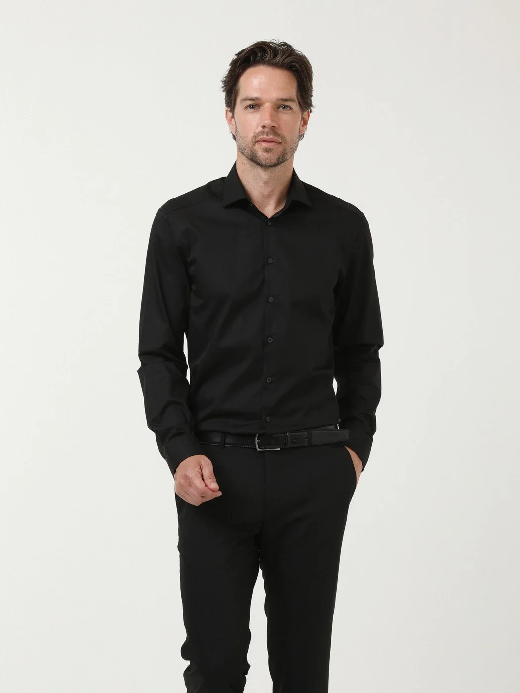 Black Plain Regular Fit Weaving Classical Cotton Blended Shirt - 1