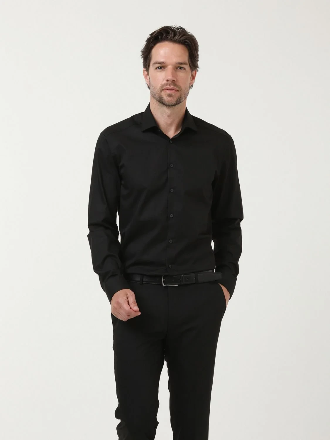 Black Plain Regular Fit Weaving Classical Cotton Blended Shirt - 1