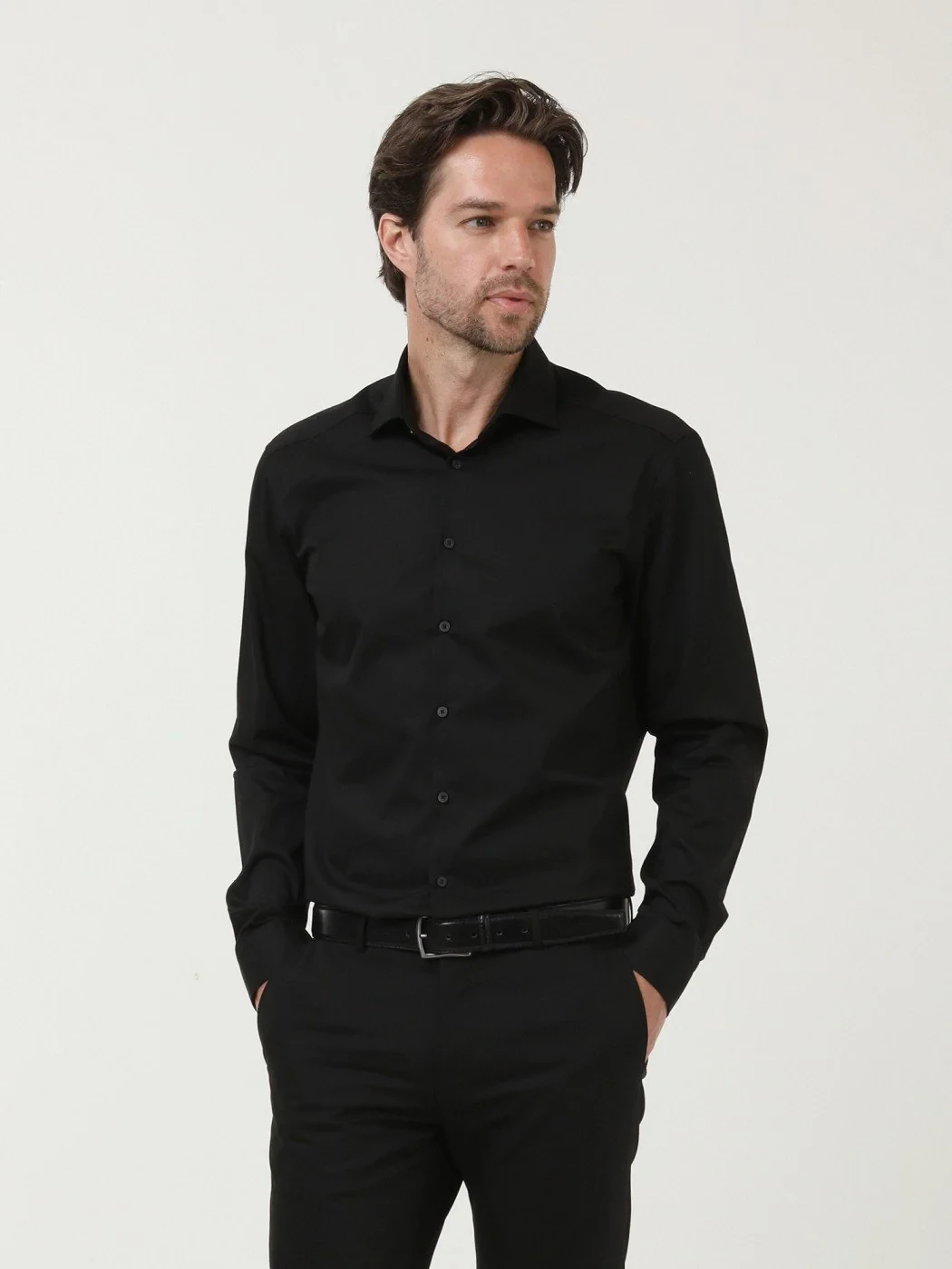 Black Plain Regular Fit Weaving Classical Cotton Blended Shirt - 2