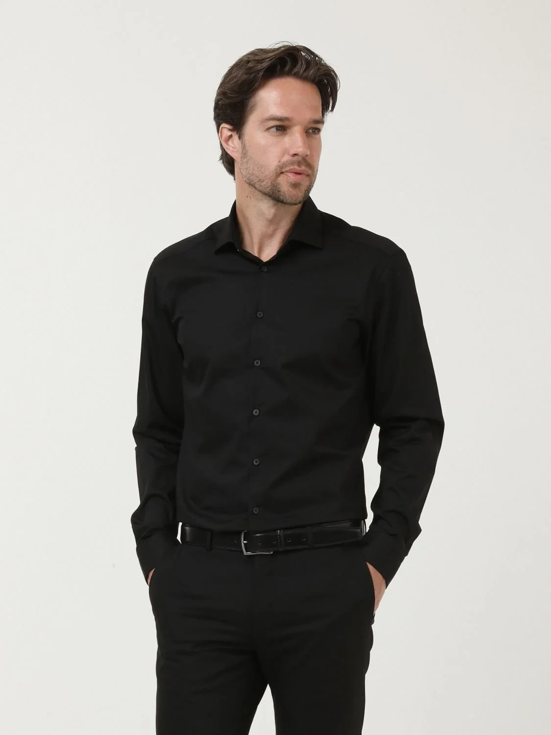 Black Plain Regular Fit Weaving Classical Cotton Blended Shirt - 2