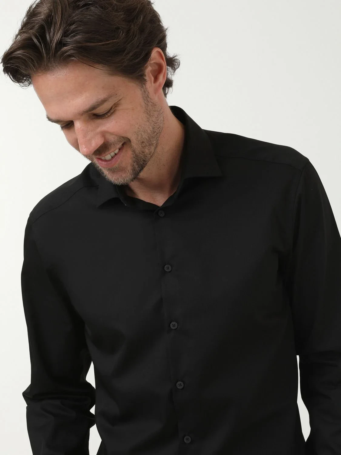 Black Plain Regular Fit Weaving Classical Cotton Blended Shirt - 3