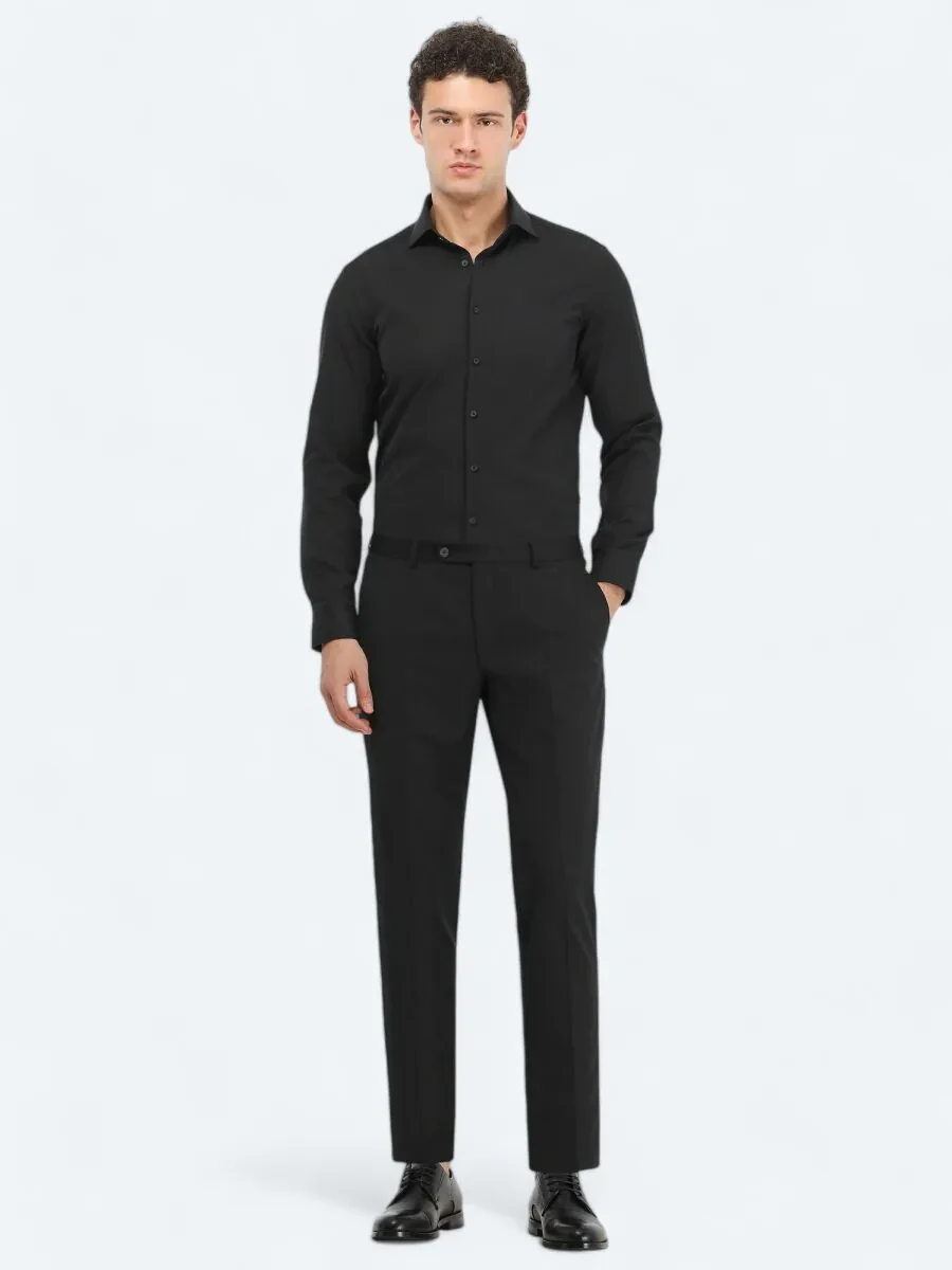 Black Plain Regular Fit Weaving Classical Cotton Blended Shirt - 2