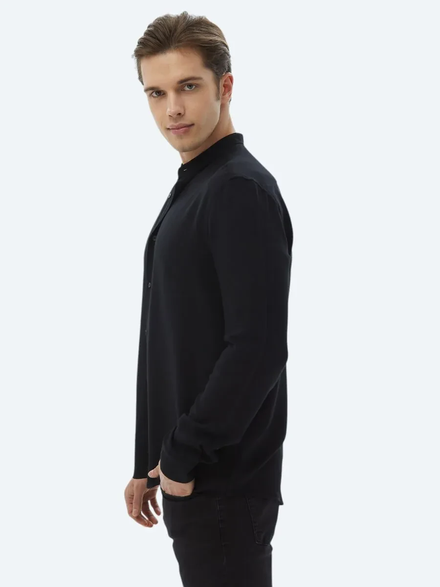 Black Plain Regular Fit Weaving Classical Shirt - 5